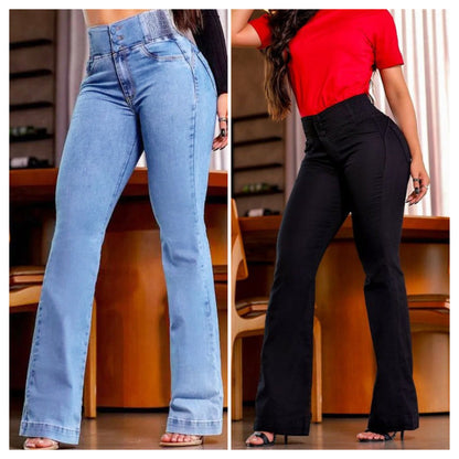 Stretchiga flarejeans med hög midja