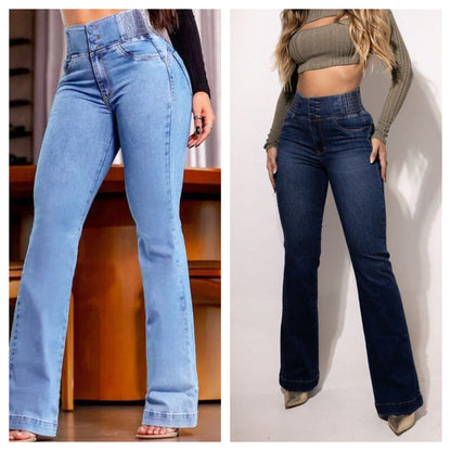 Stretchiga flarejeans med hög midja