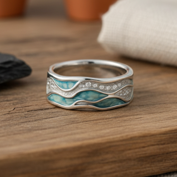 Elegant ring i turkos och silver med vågmönster